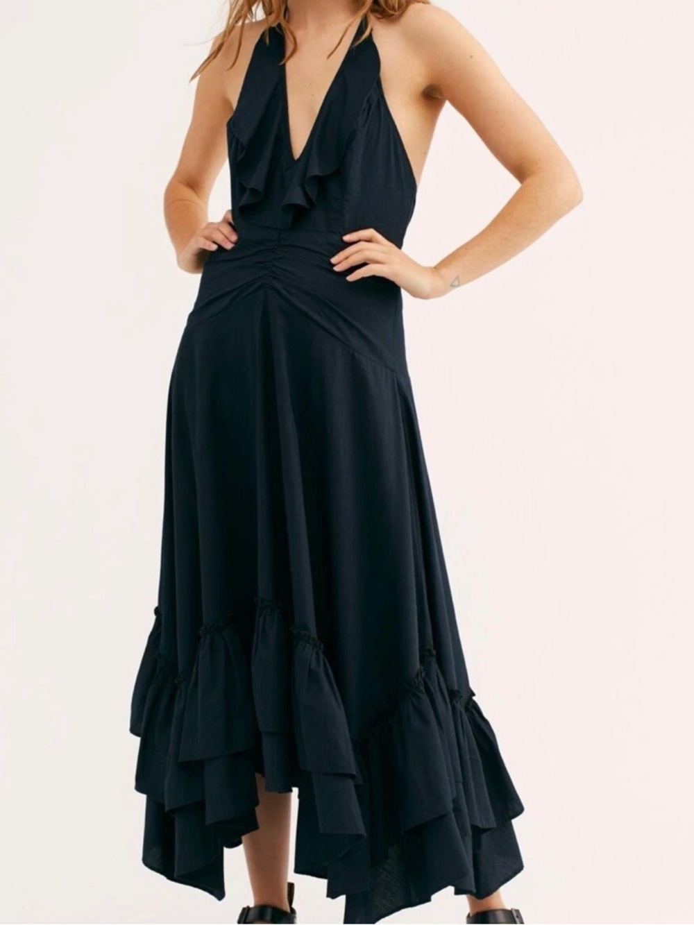 Free People endless summer Black Backless Ruffle Halter Maxi Dress